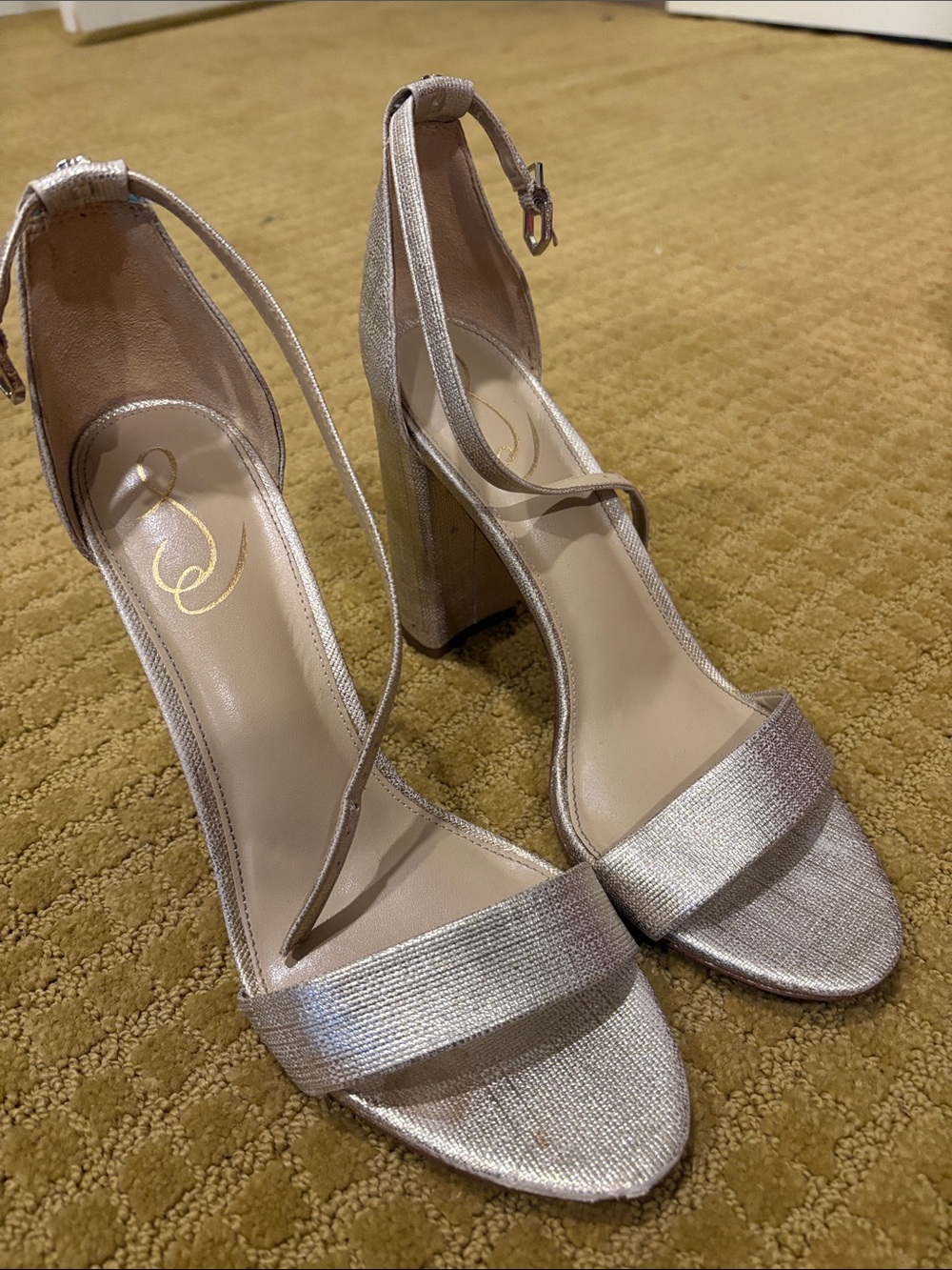Sam Edelman Silver Metallic Ankle-Strap Block Heels